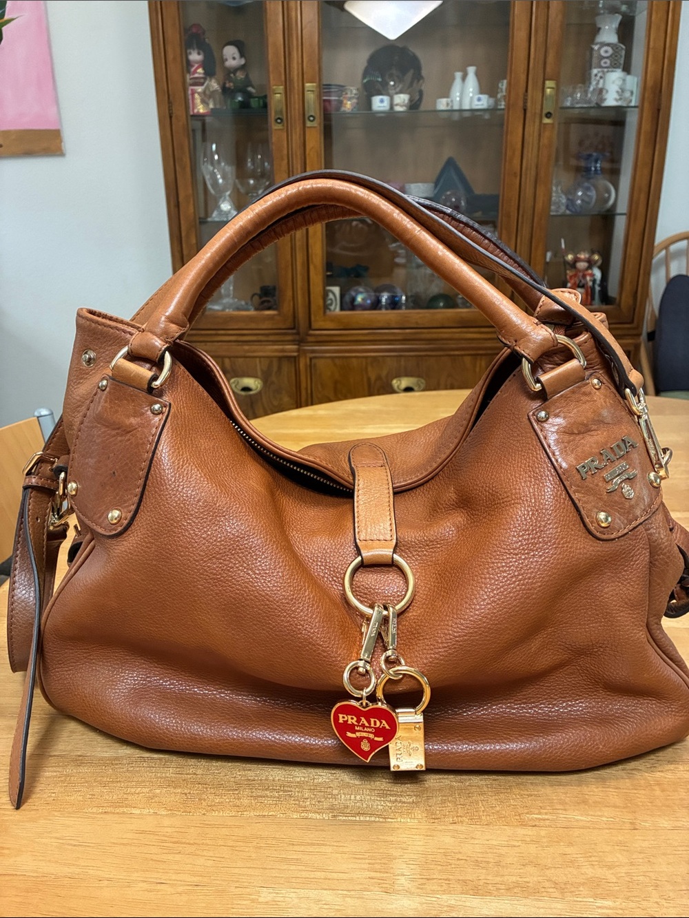 Prada Cognac Brown Leather Shoulder Bag with Heart Charm